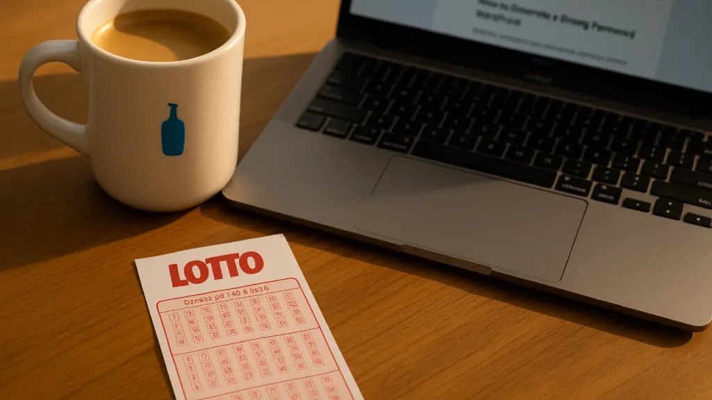 Los Lotto leżący na biurku obok filiżanki kawy – symbol małych przyjemności w codziennym życiu.